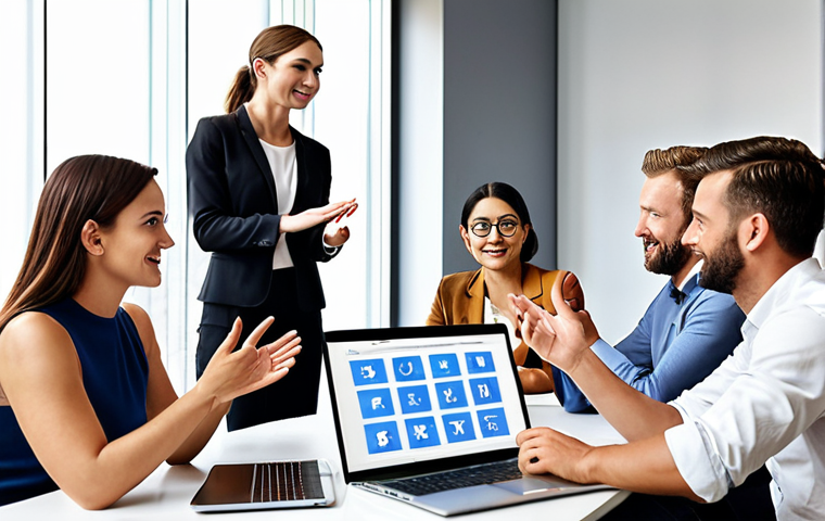 **

Prompt: A diverse group of people in a modern office, engaged in a lively business meeting. Some are looking at laptops, others are gesturing while speaking. Focus on collaboration and international teamwork.

**