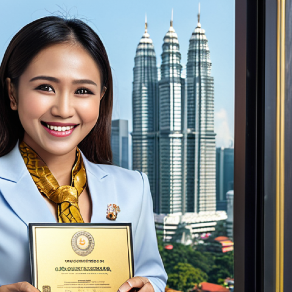 **

*   **Prompt:** Business English certificate, gold seal, shining brightly, career opportunity door opening, professional attire, smiling face, Kuala Lumpur skyline in background, motivational corporate setting.

**