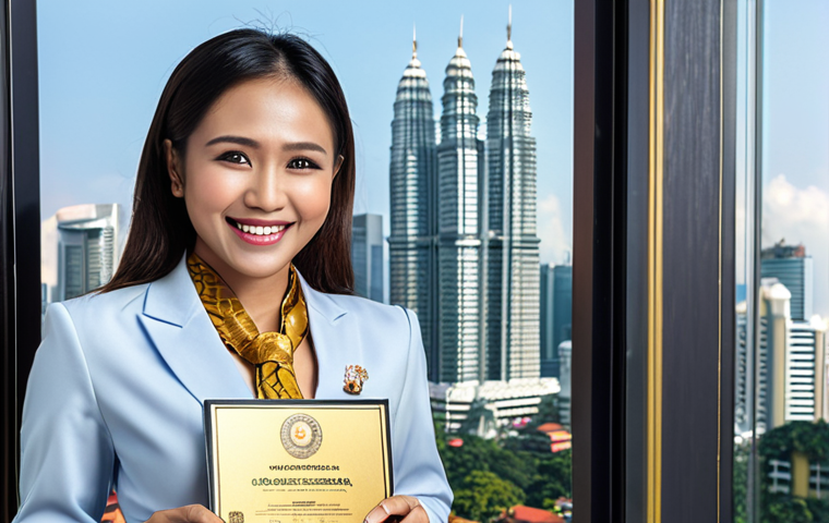 **

*   **Prompt:** Business English certificate, gold seal, shining brightly, career opportunity door opening, professional attire, smiling face, Kuala Lumpur skyline in background, motivational corporate setting.

**