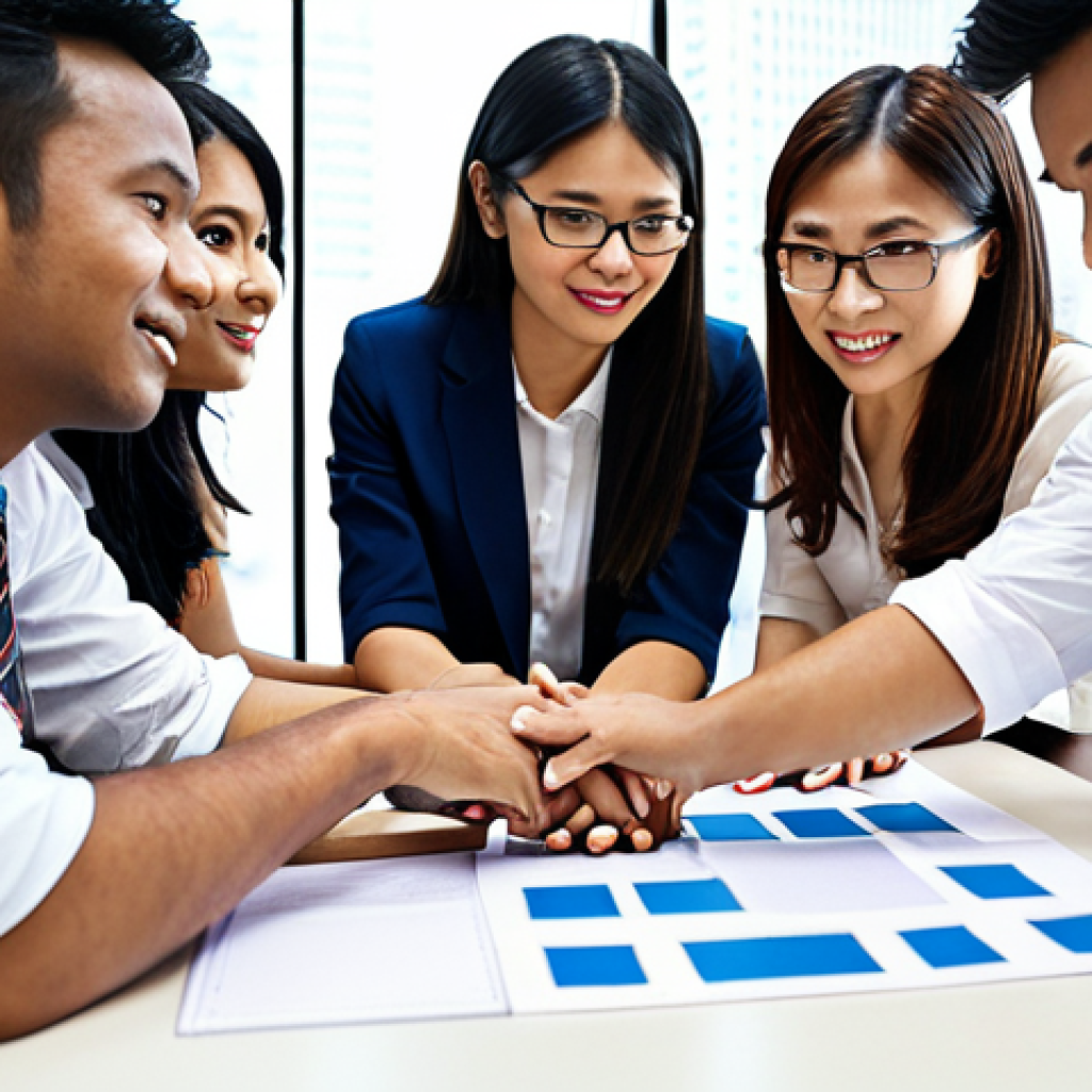 A diverse group of business professionals in modern office attire collaborating on a project in a brightly lit Kuala Lumpur office. The focus is on teamwork and effective communication.