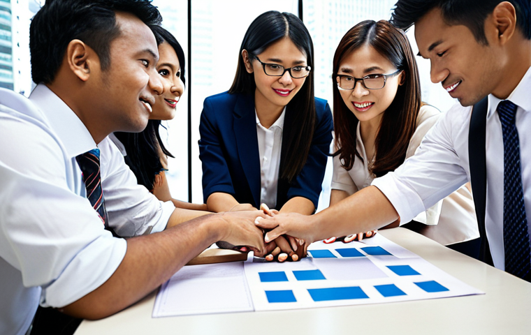 A diverse group of business professionals in modern office attire collaborating on a project in a brightly lit Kuala Lumpur office. The focus is on teamwork and effective communication.