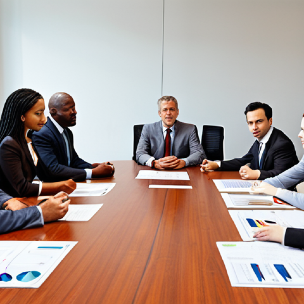 **International Business Negotiation:** A diverse group of business people from different cultural backgrounds are sitting around a modern conference table, actively engaged in a negotiation. The scene emphasizes cultural understanding and successful communication.