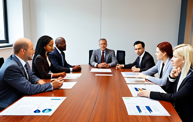 **International Business Negotiation:** A diverse group of business people from different cultural backgrounds are sitting around a modern conference table, actively engaged in a negotiation. The scene emphasizes cultural understanding and successful communication.