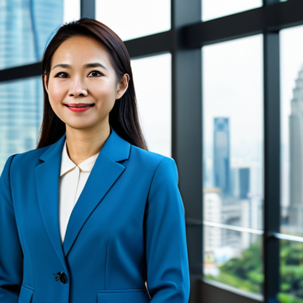 A confident Malaysian professional woman in an impeccable, modest business suit, fully clothed, appropriate attire, professional dress. She stands poised in a sleek, modern office lobby, with a large glass wall revealing a dynamic, blurred global city skyline in the background, symbolizing expanded opportunities. The lighting is bright and optimistic, enhancing her forward-looking posture. Professional photography, high resolution, perfect anatomy, correct proportions, natural pose, well-formed hands, proper finger count, natural body proportions, safe for work, appropriate content, professional, family-friendly.