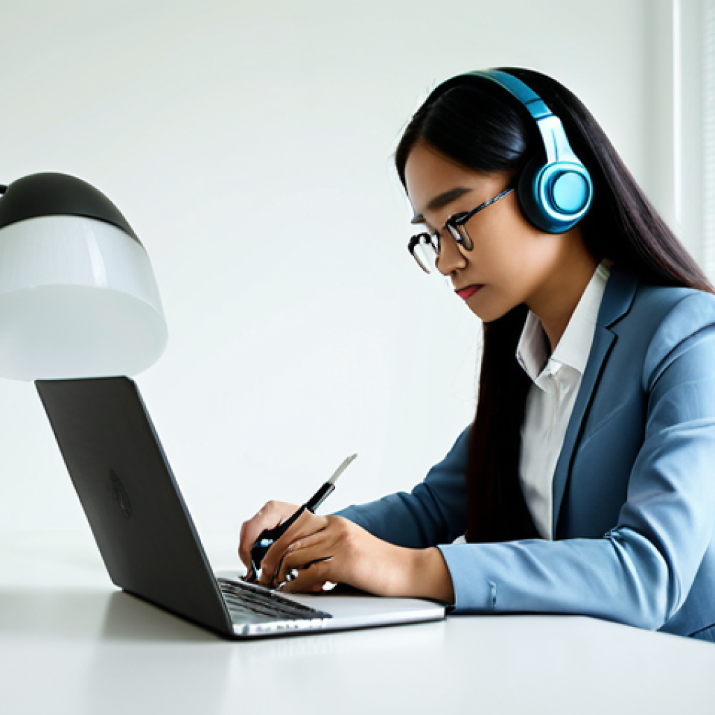A professional Malaysian woman in modest business attire, deeply focused while studying Business English on a laptop in a modern, well-lit home office. She has a notebook and pen, a business book on the desk, and a subtle headset. The setting is clean and organized, conveying a sense of serious learning. Fully clothed, appropriate attire, safe for work, appropriate content, perfect anatomy, correct proportions, natural pose, well-formed hands, proper finger count, natural body proportions, professional.