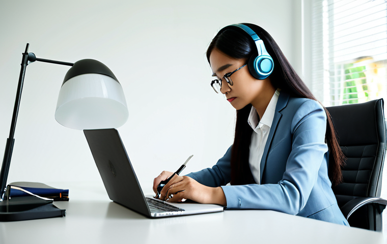 A professional Malaysian woman in modest business attire, deeply focused while studying Business English on a laptop in a modern, well-lit home office. She has a notebook and pen, a business book on the desk, and a subtle headset. The setting is clean and organized, conveying a sense of serious learning. Fully clothed, appropriate attire, safe for work, appropriate content, perfect anatomy, correct proportions, natural pose, well-formed hands, proper finger count, natural body proportions, professional.