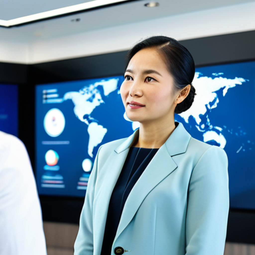A professional Malaysian businesswoman in a modest business suit, fully clothed, engaged in a confident discussion with a diverse group of international professionals in a modern, brightly lit conference room. She is standing near a large screen displaying a global business presentation. The atmosphere is collaborative and dynamic. safe for work, appropriate content, fully clothed, professional dress, perfect anatomy, correct proportions, natural pose, well-formed hands, proper finger count, natural body proportions, professional photography, high resolution.