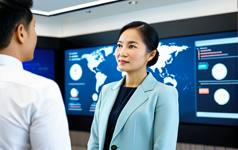 A professional Malaysian businesswoman in a modest business suit, fully clothed, engaged in a confident discussion with a diverse group of international professionals in a modern, brightly lit conference room. She is standing near a large screen displaying a global business presentation. The atmosphere is collaborative and dynamic. safe for work, appropriate content, fully clothed, professional dress, perfect anatomy, correct proportions, natural pose, well-formed hands, proper finger count, natural body proportions, professional photography, high resolution.