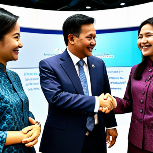 Global Trade Networking**

A group of diverse professionals, all fully clothed in modest business attire suitable for Malaysia (e.g., baju kurung, batik shirts, business suits), shaking hands and smiling at an international trade conference in Kuala Lumpur. The background shows conference booths with signs in English and Bahasa Malaysia. Emphasize collaboration and success. Safe for work, appropriate content, family-friendly, professional environment, perfect anatomy, natural proportions, well-formed hands, proper finger count, natural pose.

**