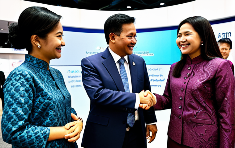 Global Trade Networking**

A group of diverse professionals, all fully clothed in modest business attire suitable for Malaysia (e.g., baju kurung, batik shirts, business suits), shaking hands and smiling at an international trade conference in Kuala Lumpur. The background shows conference booths with signs in English and Bahasa Malaysia. Emphasize collaboration and success. Safe for work, appropriate content, family-friendly, professional environment, perfect anatomy, natural proportions, well-formed hands, proper finger count, natural pose.

**