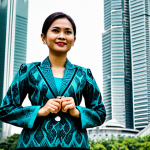 무역영어 실기시험의 최신 경향 분석 - A Malaysian businesswoman in a modern batik Kebaya, standing confidently in front of the Petronas Tw...