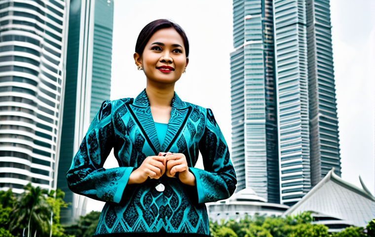 무역영어 실기시험의 최신 경향 분석 - A Malaysian businesswoman in a modern batik Kebaya, standing confidently in front of the Petronas Tw...